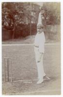 Simon William Anthony ‘Sam’ Cadman. Derbyshire 1900-1926. Early sepia real photograph postcard of Cadman, full length at the wicket in bowling pose. Foster of Brighton. Postally unused. Slight fading to one edge, otherwise in very good condition. A nice i