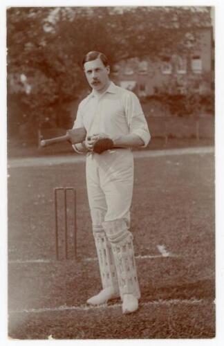 Albert Edward Lawton. Derbyshire, London County & Lancashire 1900-1914. Early sepia real photo -graph postcard of Lawton standing full length at the wicket with his bat under his arm. Blind embossed stamp for Foster of Brighton to lower right corner. Take