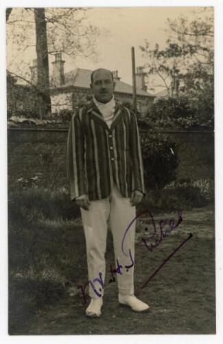 Norman Vaughan Hurry Riches. Glamorgan & Wales 1921-1934. Mono real photograph postcard of Riches standing full length wearing cricket attire and striped blazer. Very nicely signed in blue ink to the photograph by Riches. Photograph by Nias of Brighton, w