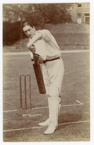 Gilbert Tosetti. Essex 1898-1905. Rarer and early mono real photograph postcard of Tosetti standing full length at the wicket in batting pose. Blind embossed stamp for Foster of Brighton to lower left corner. Undated, probably c.1903. Postally unused. An 