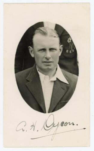 Arnold Herbert Dyson. Glamorgan 1926-1948. Mono real photograph postcard of Dyson in cameo, head and shoulders wearing cricket attire and blazer. Nicely signed in black ink to the lower portion of the postcard by Dyson. Official stamp to verso for A. Wilk