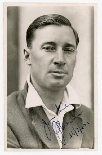 John Mercer. Sussex, Glamorgan & Northamptonshire 1919-1947. Mono real photograph postcard of Mercer, head and shoulders wearing cricket attire and blazer. Nicely signed in black ink to the photograph, ‘Yours truly, J. Mercer’ and dated ‘26/7/42’. Handwri