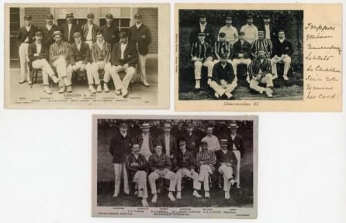 Gloucestershire C.C.C. team postcards c.1903. Three early postcards, each dating from around 1903. Includes two mono real photograph postcards of the Gloucestershire team, one Rotary Photographic Series no. 3819, postally unused. Pin holes to edges. Posta