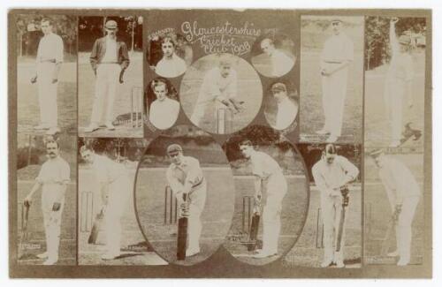 ‘Gloucestershire Cricket Club 1908’. Early sepia real photograph postcard depicting fourteen Gloucestershire players in cameo. Decorative title to top and each player captioned. Players featured are Jessop, Godsell, Barnett, Spry, Nash, Langdon, Ford, Den