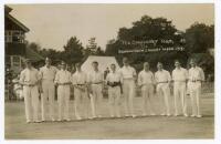 ‘The Gloucester Team. Bournemouth Cricket Week 1913’. Early mono real photograph postcard depicting the eleven members of Gloucestershire team standing in one row wearing cricket attire, the pavilion and crowds in the background. The photograph taken for 