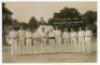 ‘The Gloucester Team. Bournemouth Cricket Week 1913’. Early mono real photograph postcard depicting the eleven members of Gloucestershire team standing in one row wearing cricket attire, the pavilion and crowds in the background. The photograph taken for 