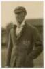 Reginald Albert Sinfield. Gloucestershire & England 1924-1939. Sepia real photograph postcard of Huggins standing half length wearing Gloucestershire cap and blazer. Nicely signed by Sinfield in black ink to the photograph. H.K. Fox of Gloucester. Postall