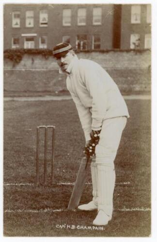 Hugh Frederick Bateman-Champain. Gloucestershire 1888-1902. Early mono real photograph postcard of Champain standing full length at the wicket in batting pose. Blind embossed stamp for Foster of Brighton to lower right corner. Postally unused. A nice imag