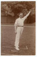 Edward George Dennett. Gloucestershire & Bengal Governor’s XI 1903-1926. Early mono real photograph postcard of Dennett standing full length at the wicket in bowling pose. Foster of Brighton. Postally unused. A good image in very good condition.