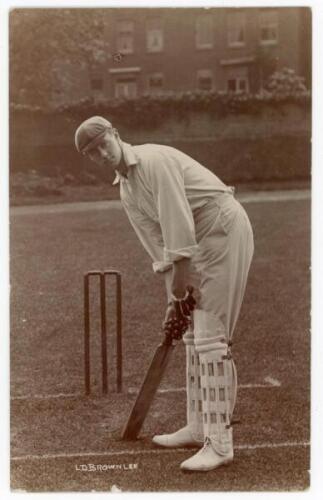 Leigh Dunlop Brownlee. Gloucestershire, Oxford University & Somerset 1901-1909. Early mono real photograph postcard of Brownlee standing full length at the wicket in batting pose wearing a cap. Foster of Brighton. Postally unused. Minor wear to lower edge