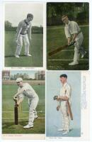 Gilbert Laird Jessop. Gloucestershire, Cambridge University, London County & England 1894-1914. Four colour postcards of Jessop in various cricketing poses. Titles and publishers include ‘Cover Point’ Raphael Tuck ‘In the Open’ series no. 6452, National S