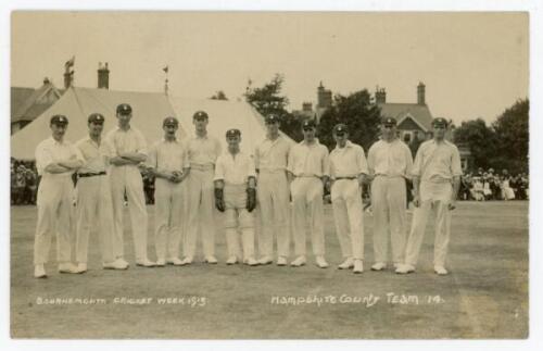 ‘Bournemouth Cricket Week 1913. Hampshire County Team’. Mono real photograph postcard of the Hampshire team standing in one row wearing cricket attire on the field with a marquee and spectators in the background. Players featured are White, Tennyson, Jaqu