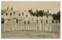 ‘Bournemouth Cricket Week 1913. Hampshire County Team’. Mono real photograph postcard of the Hampshire team standing in one row wearing cricket attire on the field with a marquee and spectators in the background. Players featured are White, Tennyson, Jaqu