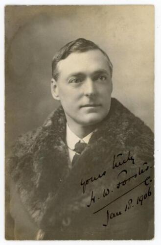 Henry William Forster. Hampshire & Oxford University 1885-1895. Original mono studio portrait postcard of Forster, head and shoulder wearing a fur-collared overcoat and formal attire. Very nicely signed in black ink to the photograph, ‘Yours truly, H.W. F