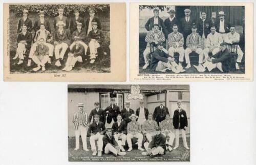 Kent team postcards 1902-1906. Five early original postcards of Kent teams, each with players depicted seated and standing in rows. Includes a mono real photograph postcard of the 1902 Kent team, Wrench Series no. 3281. Two mono postcards, one of the 1903