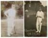 Hampshire player postcards early 1900s. Two early mono real photograph postcards. One of Phil Mead full length at the wicket, leaning on his bat, appears to be by Hawkins of Foster. The other of C.B. Llewellyn standing full length in the nets. Printed sig