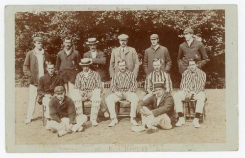 Kent C.C.C. 1906. Early original sepia real photograph postcard of the Kent team seated and standing in rows. Blind embossed stamp to lower right corner for Westoner[?] of Dover. Players are Marsham, Blaker, Mason, Burnup, Huthchings, Humphreys, Seymour, 