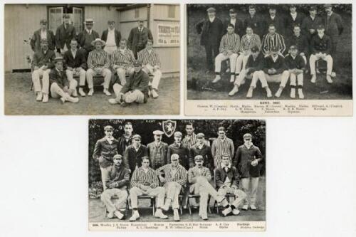 Kent C.C.C. 1907 & 1909. Early original sepia real photograph postcard of the 1907 Kent team seated and standing in rows. B.C. Flemons of Tonbridge. Postally unused. Sold with two mono teams postcards, one of the 1907 team from a photograph by E. Hawkins,