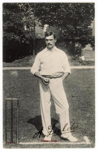 Arthur Fielder. Kent & England 1900-1914. Early original mono printed postcard of Fielder standing at the wicket wearing cricket attire and holding a ball. Very nicely signed in black ink to the image by Fielder. Hartmann series. Dated in pencil to verso 