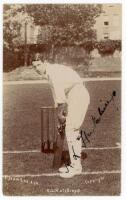 Kenneth Lotherington Hutchings. Kent & England 1902-1912. Early original sepia real photograph postcard of Hutchings standing at the wicket in batting pose. Nicely signed in black ink to the image by Hutchings. E. Hawkins & Co. of Brighton. Postmarked Dov