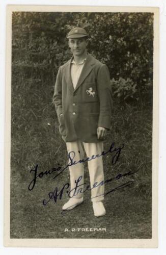 Alfred Percy ‘Tich’ Freeman. Kent & England 1914-1936. Mono real photograph postcard of Freeman standing full length wearing Kent cap and blazer. Very nicely signed in ink by Freeman. Fisk-Moore of Canterbury. Postally unused. An excellent image, good sig