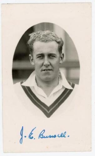 John Edgar Buswell. Northamptonshire 1936-1939. Mono real photograph postcard of Buswell, head and shoulders in cameo, wearing cricket attire. Nicely signed in blue ink by Buswell to the photograph. Official stamp to verso for A. Wilkes & Son, West Bromwi