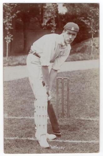 Frank Edward Woolley. Kent & England 1906-1938. Original sepia real photograph postcard of a youthful Woolley, standing full length at the wicket in batting pose. Appears to be by Foster or Hawkins, c.1910. Postally unused. Light creasing to one corner an