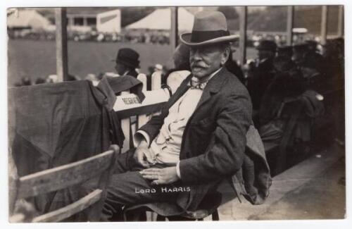 Lord Harris. Kent & England 1870-1911. Rare mono real photograph postcard of Lord Harris in later years sitting in the stands wearing formal attire and trilby hat, of what appears to be Canterbury, with a match in progress. Publisher unknown, probably Tho