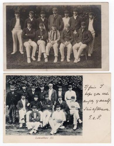 Lancashire C.C.C. 1903. Sepia real photograph postcard of the 1903 Lancashire team, the players seated and standing in rows wearing assorted blazers and caps. Printed title and players’ named to lower portion of the image. Players featured include Eccles,