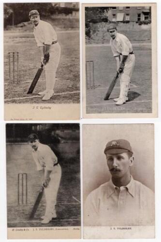 John Thomas ‘Johnny’ Tyledesley. Lancashire & England 1895-1923. Four mono postcards of Tyldesley. Three depict Tyldesley standing full length at the wicket in batting pose. Wrench Series no. 1387, Philip G. Hunt ‘W.H.S. & S. “Grosvenor” Series M’, and H.