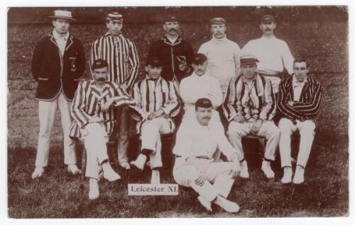 ‘Leicester XI’ 1905. Sepia real photograph postcard of the Leicestershire team for the match v Sussex played at Hove, 22nd- 24th May 1905. The players seated and standing in rows wearing assorted blazers and caps. Players are de Trafford (Captain), Wood, 