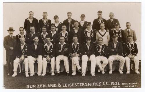 ‘New Zealand & Leicestershire C.C.C. 1931’. Mono real photograph postcard of the two teams for the tour match played at Aylestone Road, Leicester, 9th- 12th May 1931. The players seated and standing in rows wearing assorted blazers. Leicestershire players