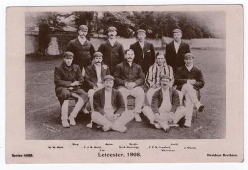 ‘Leicester 1908’. Mono real photograph postcard of the Leicestershire team, the players seated and standing in rows wearing assorted blazers and caps. Printed title and players’ names to lower border. Players are Hazlerigg (Captain), Odell, Wood, Crawford