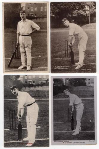 Albert Ernest Knight. Leicestershire & England 1896-1923. Four original mono postcards of Knight, each depicting him standing at the crease in various batting poses. Includes one real photograph postcard, publisher unknown, postmarked 1904, and three mono