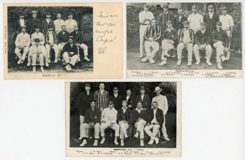 Middlesex team postcards 1903-1922. Five mono postcards of Middlesex teams, each with the players seated and standing in rows wearing cricket attire. Includes one real photograph postcard, Dainty Series, postmarked 1903 with annotated message to front mar