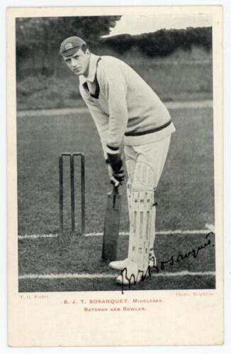 Bernard James Tindal Bosanquet. Oxford University, Middlesex & England 1898-1919. Mono postcard of Bosanquet standing full length at the wicket in batting pose, wearing Middlesex cap. Nicely signed in black ink to the image by Bosanquet. ‘Warner’s Team Se