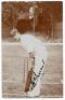 Francis Alfred ‘Frank’ Tarrant. Victoria, Middlesex, Patiala & Europeans 1898-1937. Sepia real photograph postcard of Tarrant standing full length at the wicket in batting pose, wearing Middlesex cap. Very nicely signed in black ink to the image by Tarran