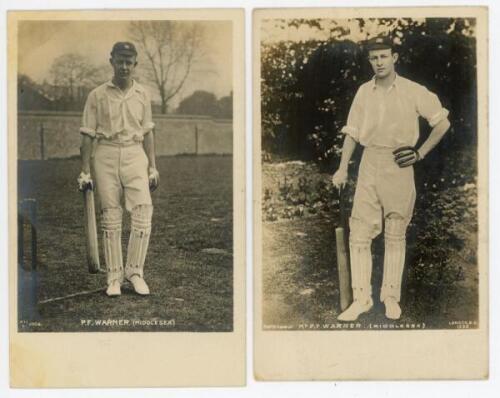 Pelham Francis ‘Plum’ Warner. Oxford University, Middlesex & England 1894-1920. Four original postcards of Warner, each depicted standing full length in various batting poses. Two are real photographs, one Hartmann series no. 2904, the other by Rapid seri