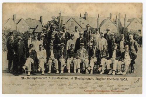 ‘Northamptonshire v Australians at Northampton, August 17-19th 1905’. Mono postcard featuring both teams who played in the tour match depicted seated and standing in rows wearing cricket attire, with printed title and players names to lower border. Player