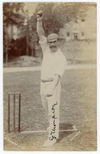 George Joseph Thompson. Northamptonshire, Auckland & England 1905-1922. Excellent mono real photograph postcard of Thompson standing full length at the crease in bowling pose, wearing a cap. The postcard very nicely signed to the image by Thompson. Photog