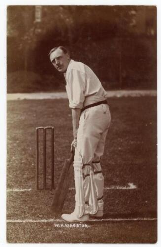 William Harold Kingston. Northamptonshire 1904-1909. Excellent sepia real photograph postcard of Kingston standing full length at the crease in batting pose. Photograph by Foster of Brighton. Postally unused. An excellent image in very good condition.