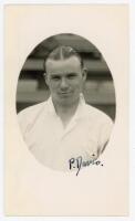 Charles Percival ‘Percy’ Davis. Northamptonshire 1935-1952. Mono real photograph postcard of Davis, head and shoulders in cameo, wearing cricket attire. Nicely signed in ink by Davis to the photograph. Official stamp to verso for A. Wilkes & Son, West Bro