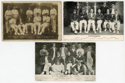 Nottinghamshire C.C.C. 1903-1907. Original early sepia real photograph postcard of the Nottinghamshire team for 1903, annotated in ink to the photograph ‘Champions 1907’. Rotary Photographic Series no. 3817. Sold with two mono postcards, one of the 1906 t