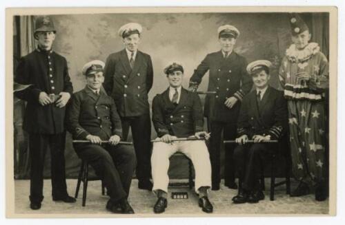 Nottinghamshire 1930s. Unusual mono real photograph postcard of seven Nottinghamshire cricketers seated and standing, posing in naval and police uniforms, and one dressed as a clown. Players featured include Knowles, G. Gunn, G.V. Gunn, A. Staples, Heane,