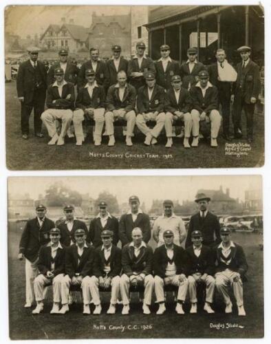 Nottinghamshire C.C.C. 1925 & 1926. Two original mono real photograph postcards of the Nottinghamshire teams for 1925 and 1926. The players seated and standing in rows wearing cricket attire, caps and blazers. Both photographs by Douglas Studio of Notting