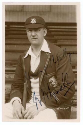 William Wilfred ‘Dodger’ Whysall. Nottinghamshire & England 1910-1930. Original sepia real photograph postcard of Whysall seated three quarter length wearing cricket attire, M.C.C. touring blazer and Nottinghamshire cap c.1925. Very nicely signed ‘Yours f