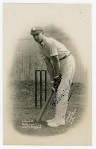 Harold Larwood. Nottinghamshire & England 1924-1938. Original mono real photograph postcard of Larwood in cameo, probably taken c.1930, standing full length at the crease in batting pose, wearing cricket attire and Nottinghamshire cap. Nicely signed in bl