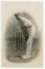 Harold Larwood. Nottinghamshire & England 1924-1938. Original mono real photograph postcard of Larwood in cameo, probably taken c.1930, standing full length at the crease in batting pose, wearing cricket attire and Nottinghamshire cap. Nicely signed in bl