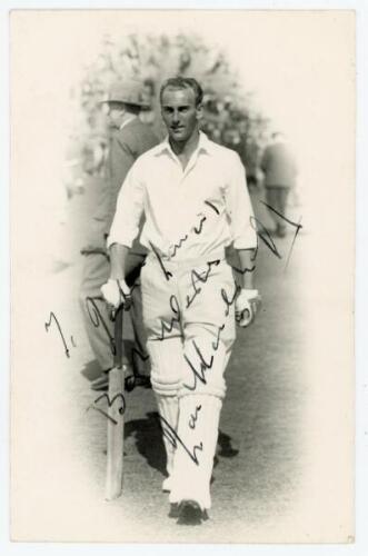 Joseph ‘Joe’ Hardstaff (Junior). Nottinghamshire & England 1930-1955. Mono real photograph postcard of Hardstaff in cameo, full length walking out to bat at Scarborough, probably late 1930s. Nicely signed to the photograph in black ink with dedication ‘To