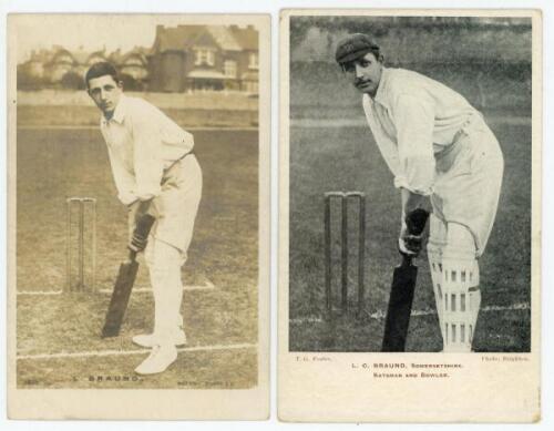 Leonard Charles Braund. Surrey, Somerset, London County & England 1896-1920. Four early original postcards of Braund depicted standing at the wicket, three in batting poses, the other holding a ball. One is are real photograph, Rotary Series no. 3809. Oth